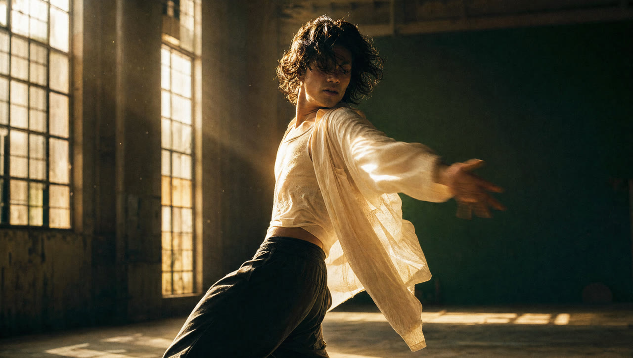 A dancer mid-motion in warm shafts of warehouse light