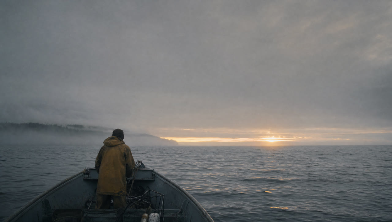 A small fishing boat alone on a grey morning sea