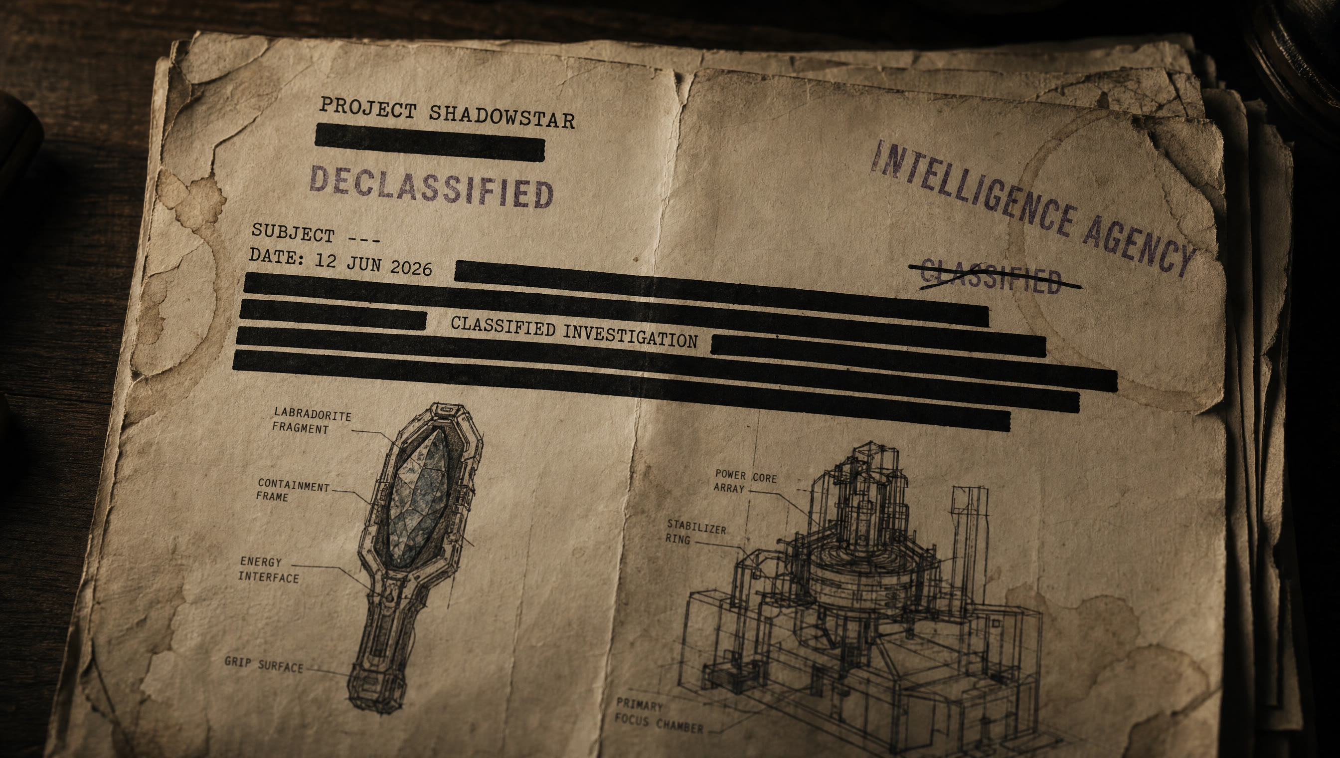 a declassified Project Shadowstar file: redacted document with intelligence stamps and schematics